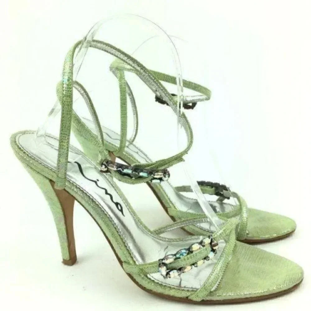 Nina Heels 9 39 Leather Metallic Snakeskin Print
